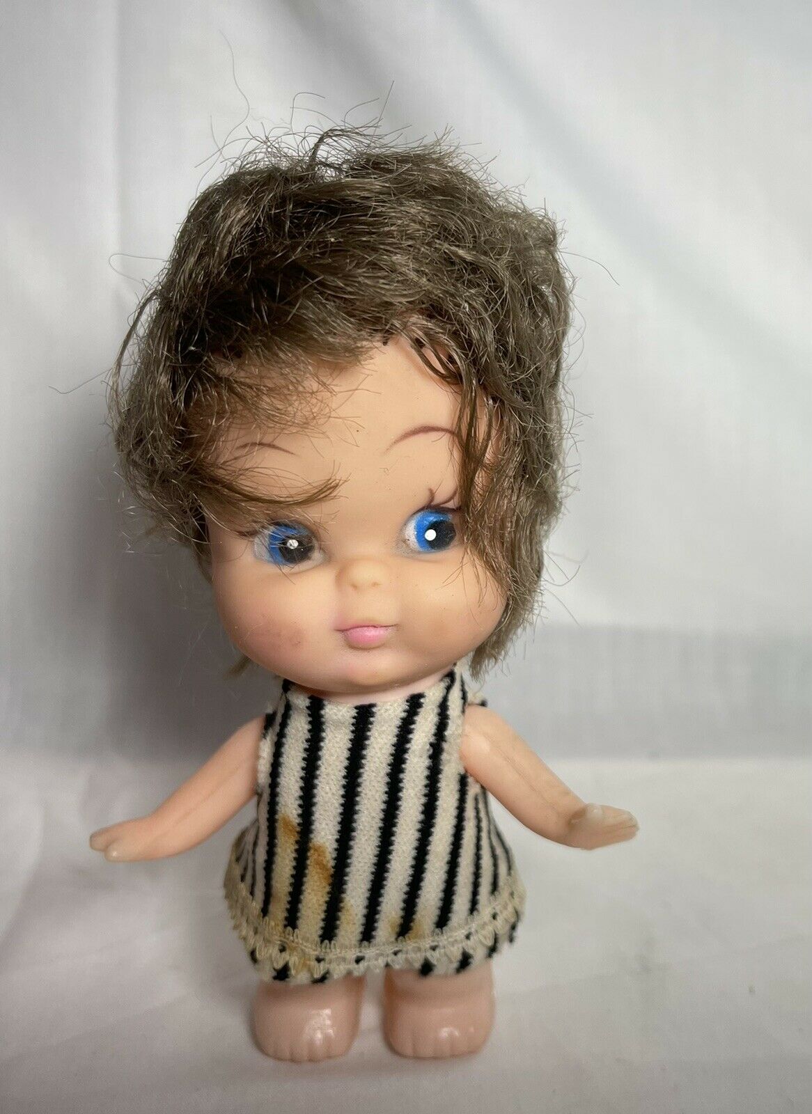 Vintage 5" Taiwan ￼doll Plastic 5" Big Head Doll Brown Hair Blue Eyes Kitsch Mcm