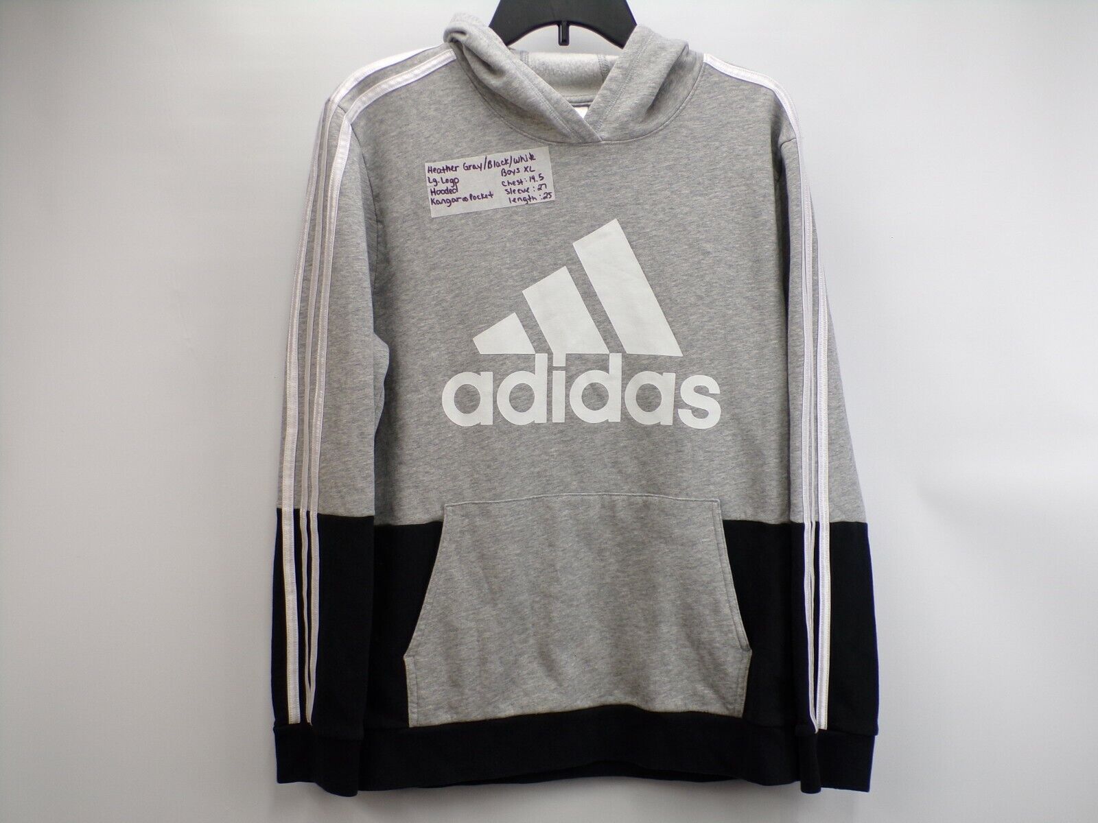 Adidas Boys Hoodie Sweat Shirt Size 18/20 3 Stripe Front Pocket Front Logo