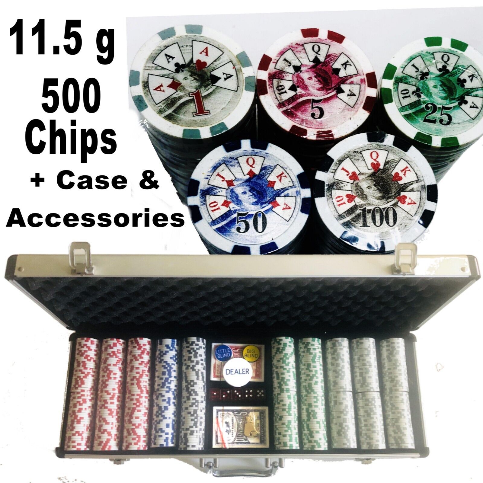 Poker Chip Case Set 500 Pcs 11.5g 5 Dice 2 Cards Dealer-blind Buttons 2 Key Case