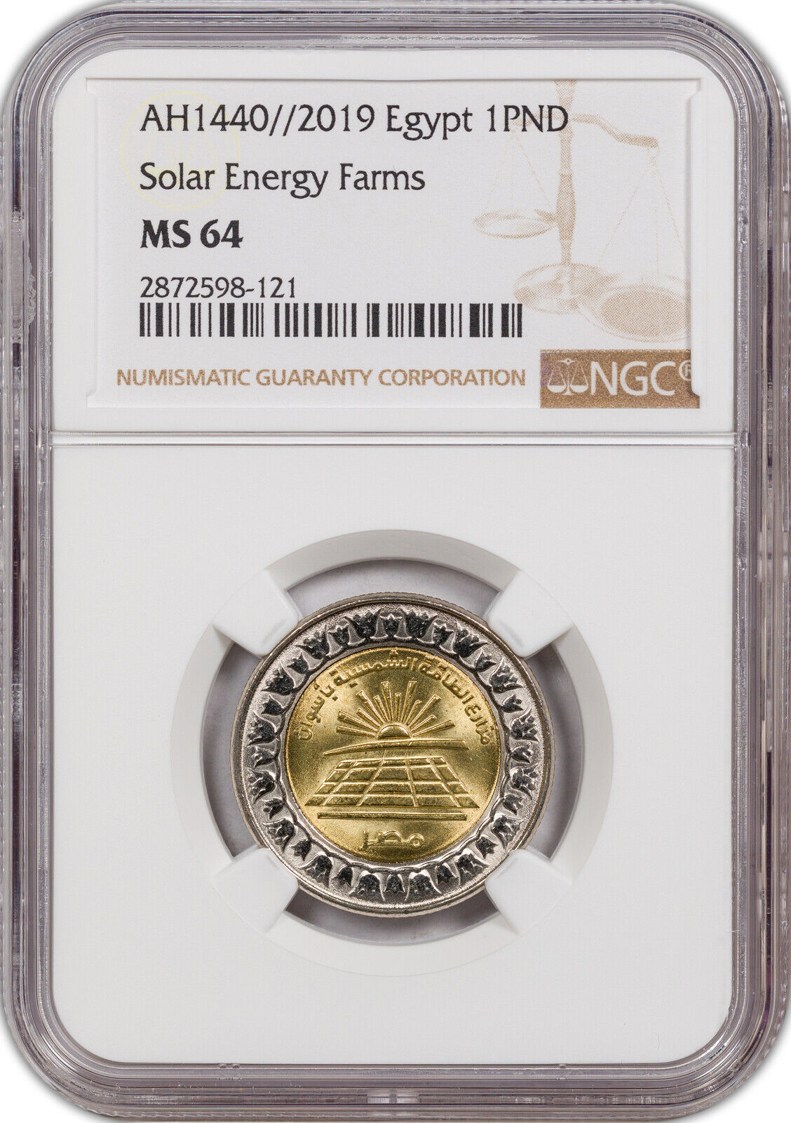 Ah-1440//2019 Egypt Solar Energy Farms 1 Pound Ngc Ms 64 Coin Finest Known
